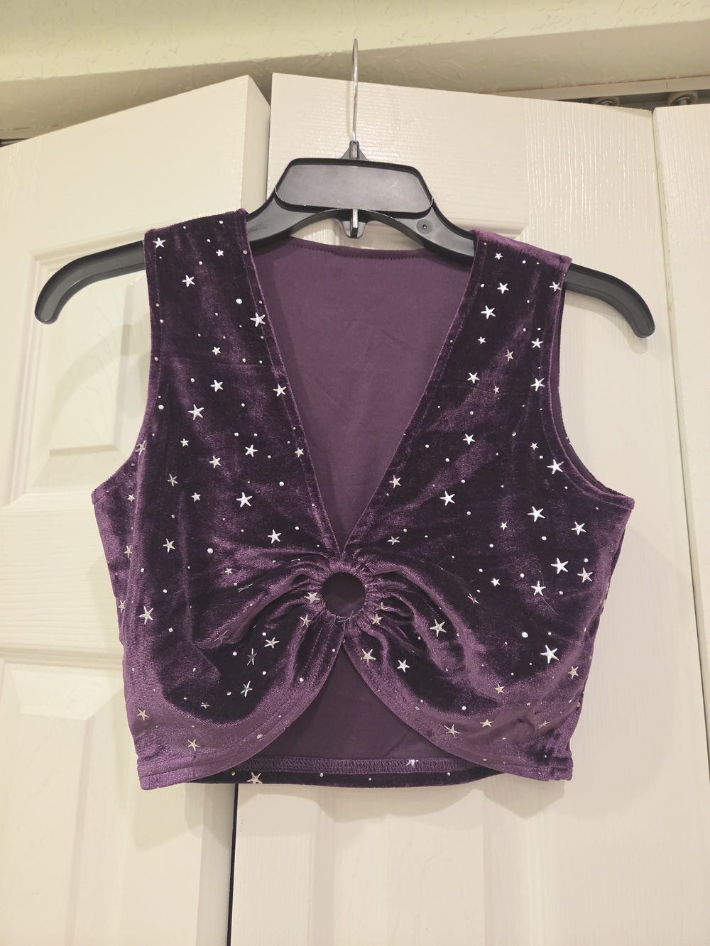 Festival/Rave Wear- Velvet Star-Print Purple Crop Top with Front Ring Detail